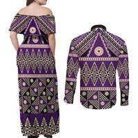 Vintage Bula Fiji Couples Matching Off Shoulder Maxi Dress and Long Sleeve Button Shirt Purple Tapa Masi Motif LT9 - Polynesian Pride