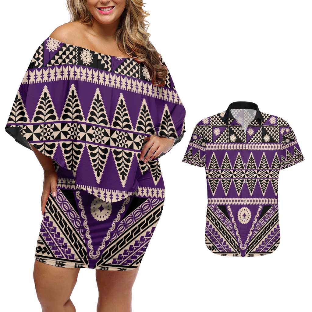 Vintage Bula Fiji Couples Matching Off Shoulder Short Dress and Hawaiian Shirt Purple Tapa Masi Motif LT9 Purple - Polynesian Pride