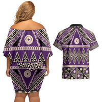 Vintage Bula Fiji Couples Matching Off Shoulder Short Dress and Hawaiian Shirt Purple Tapa Masi Motif LT9 - Polynesian Pride