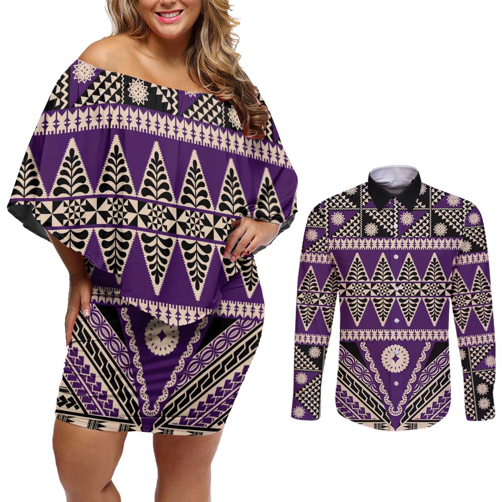 Vintage Bula Fiji Couples Matching Off Shoulder Short Dress and Long Sleeve Button Shirt Purple Tapa Masi Motif LT9 Purple - Polynesian Pride