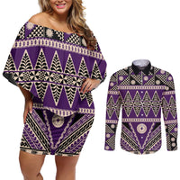 Vintage Bula Fiji Couples Matching Off Shoulder Short Dress and Long Sleeve Button Shirt Purple Tapa Masi Motif LT9 Purple - Polynesian Pride