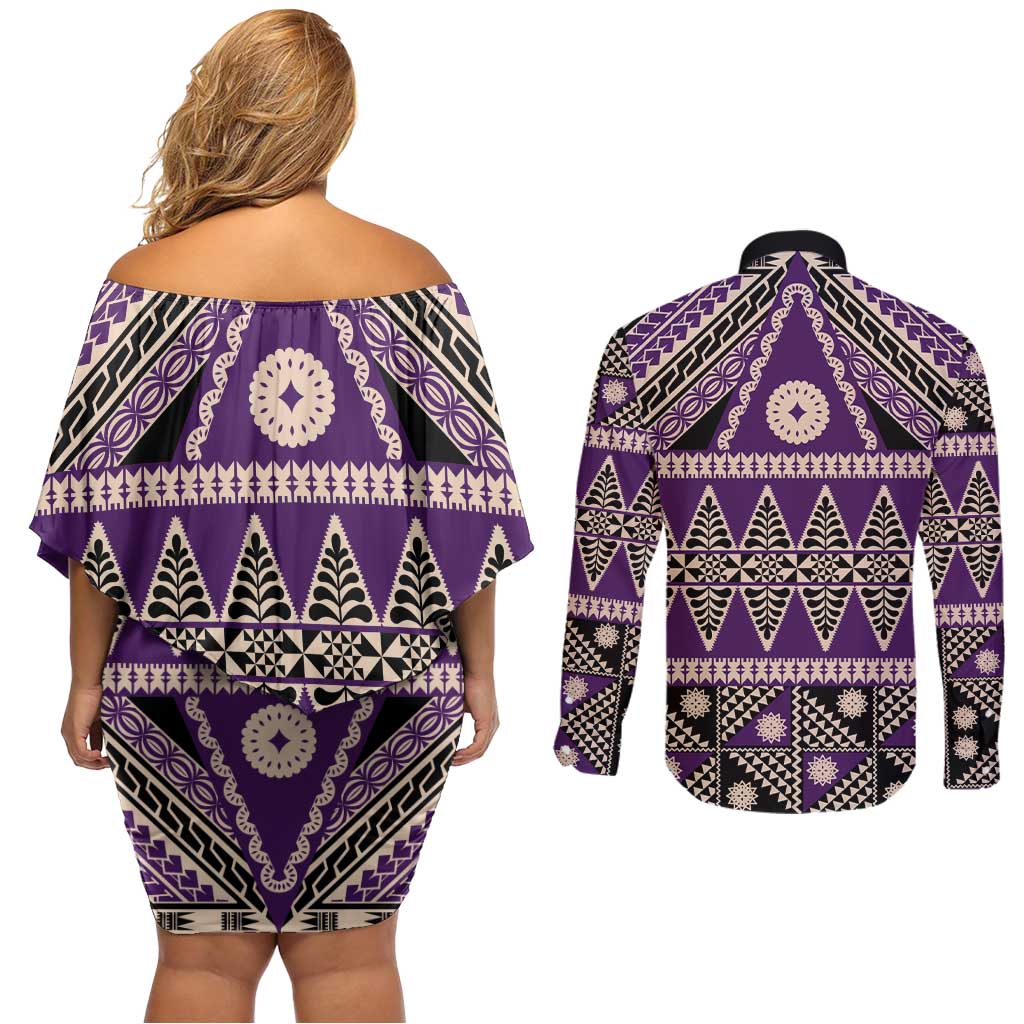 Vintage Bula Fiji Couples Matching Off Shoulder Short Dress and Long Sleeve Button Shirt Purple Tapa Masi Motif LT9 - Polynesian Pride