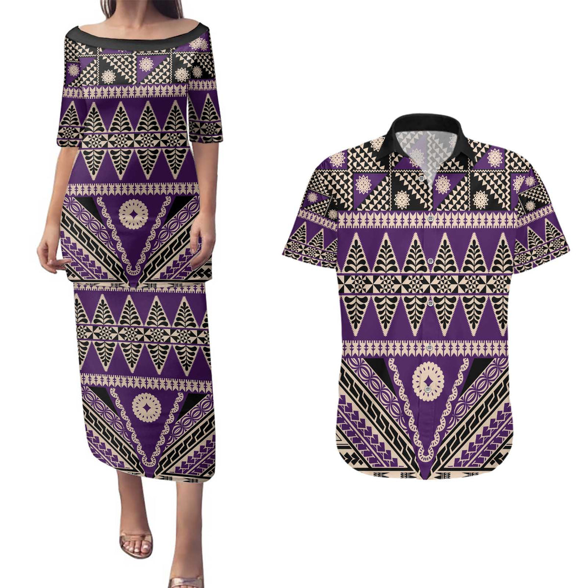 Vintage Bula Fiji Couples Matching Puletasi and Hawaiian Shirt Purple Tapa Masi Motif LT9 Purple - Polynesian Pride