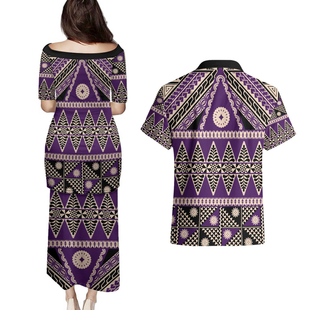 Vintage Bula Fiji Couples Matching Puletasi and Hawaiian Shirt Purple Tapa Masi Motif LT9 - Polynesian Pride