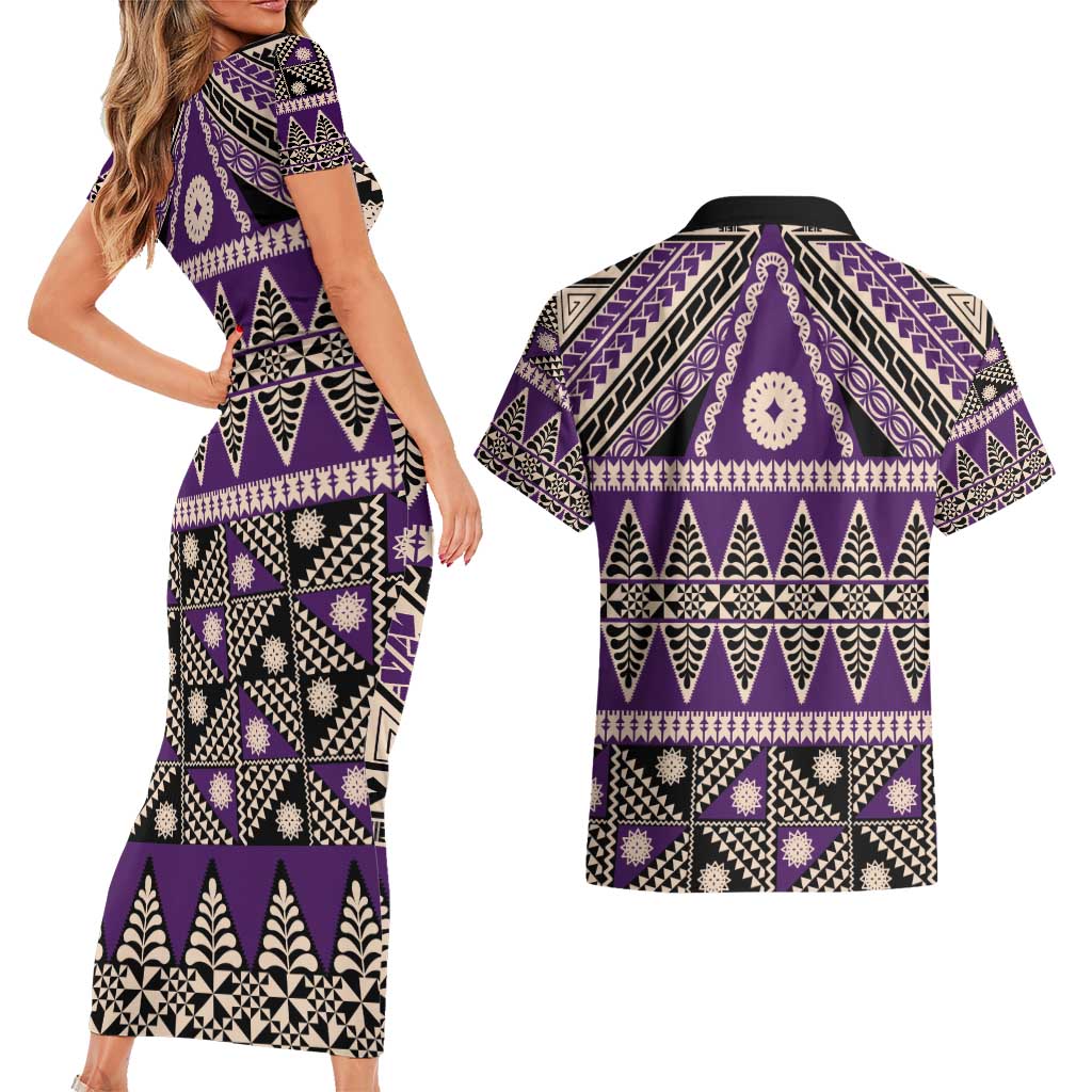 Vintage Bula Fiji Couples Matching Short Sleeve Bodycon Dress and Hawaiian Shirt Purple Tapa Masi Motif LT9 - Polynesian Pride