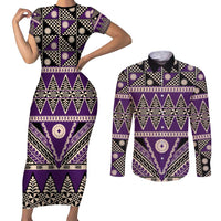 Vintage Bula Fiji Couples Matching Short Sleeve Bodycon Dress and Long Sleeve Button Shirt Purple Tapa Masi Motif LT9 Purple - Polynesian Pride