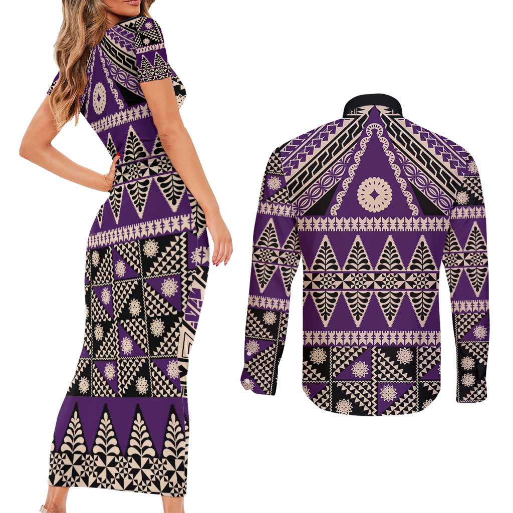 Vintage Bula Fiji Couples Matching Short Sleeve Bodycon Dress and Long Sleeve Button Shirt Purple Tapa Masi Motif LT9 - Polynesian Pride