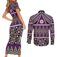 Vintage Bula Fiji Couples Matching Short Sleeve Bodycon Dress and Long Sleeve Button Shirt Purple Tapa Masi Motif LT9 - Polynesian Pride