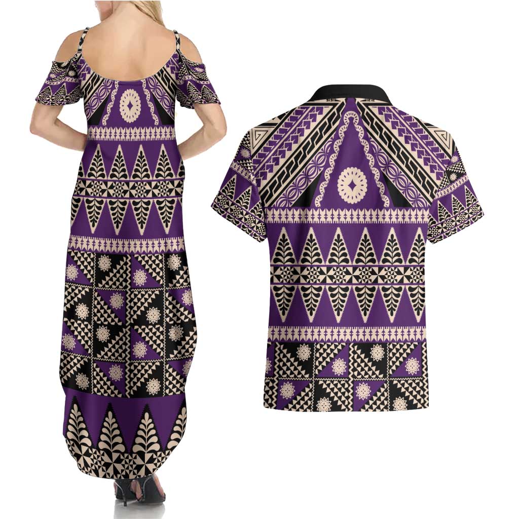 Vintage Bula Fiji Couples Matching Summer Maxi Dress and Hawaiian Shirt Purple Tapa Masi Motif LT9 - Polynesian Pride