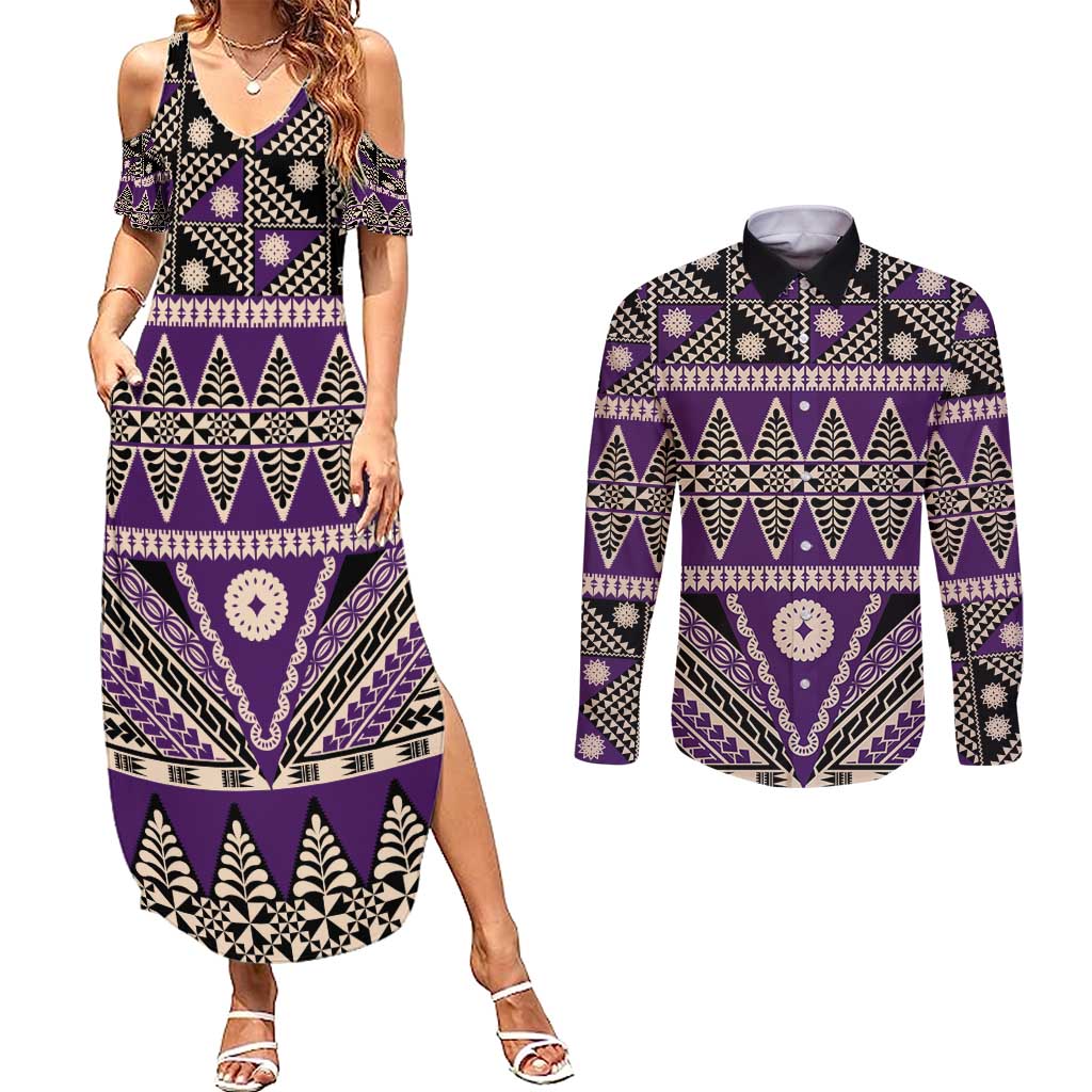Vintage Bula Fiji Couples Matching Summer Maxi Dress and Long Sleeve Button Shirt Purple Tapa Masi Motif LT9 Purple - Polynesian Pride