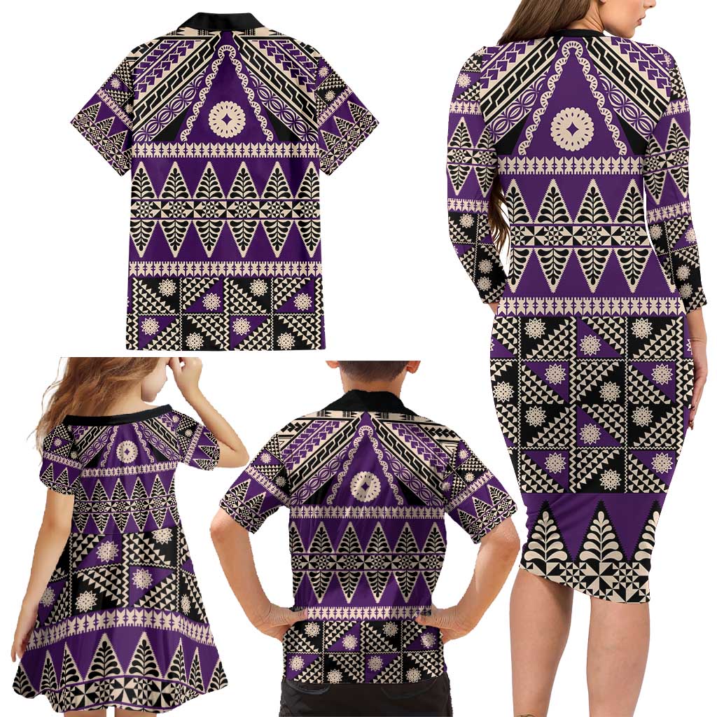 Vintage Bula Fiji Family Matching Long Sleeve Bodycon Dress and Hawaiian Shirt Purple Tapa Masi Motif LT9 - Polynesian Pride