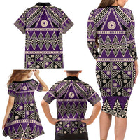 Vintage Bula Fiji Family Matching Long Sleeve Bodycon Dress and Hawaiian Shirt Purple Tapa Masi Motif LT9 - Polynesian Pride