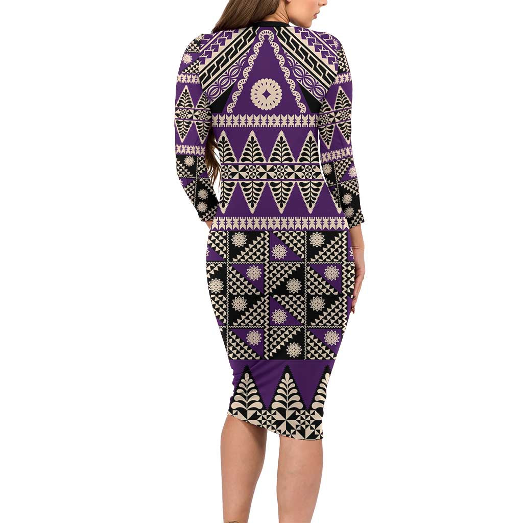 Vintage Bula Fiji Family Matching Long Sleeve Bodycon Dress and Hawaiian Shirt Purple Tapa Masi Motif LT9 - Polynesian Pride