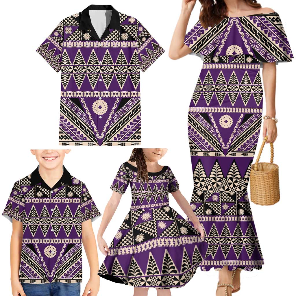 Vintage Bula Fiji Family Matching Mermaid Dress and Hawaiian Shirt Purple Tapa Masi Motif