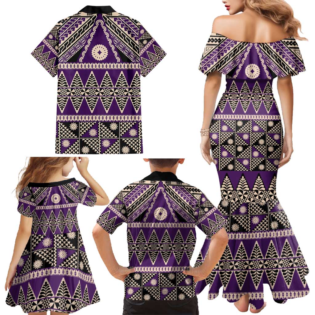 Vintage Bula Fiji Family Matching Mermaid Dress and Hawaiian Shirt Purple Tapa Masi Motif LT9 - Polynesian Pride