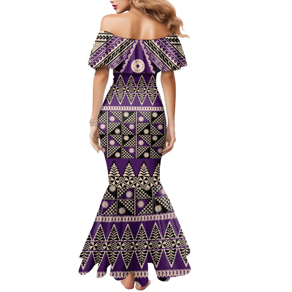 Vintage Bula Fiji Family Matching Mermaid Dress and Hawaiian Shirt Purple Tapa Masi Motif LT9 - Polynesian Pride