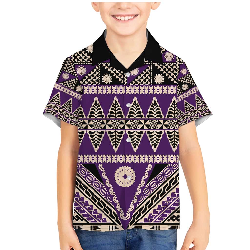 Vintage Bula Fiji Family Matching Mermaid Dress and Hawaiian Shirt Purple Tapa Masi Motif LT9 Son's Shirt Purple - Polynesian Pride