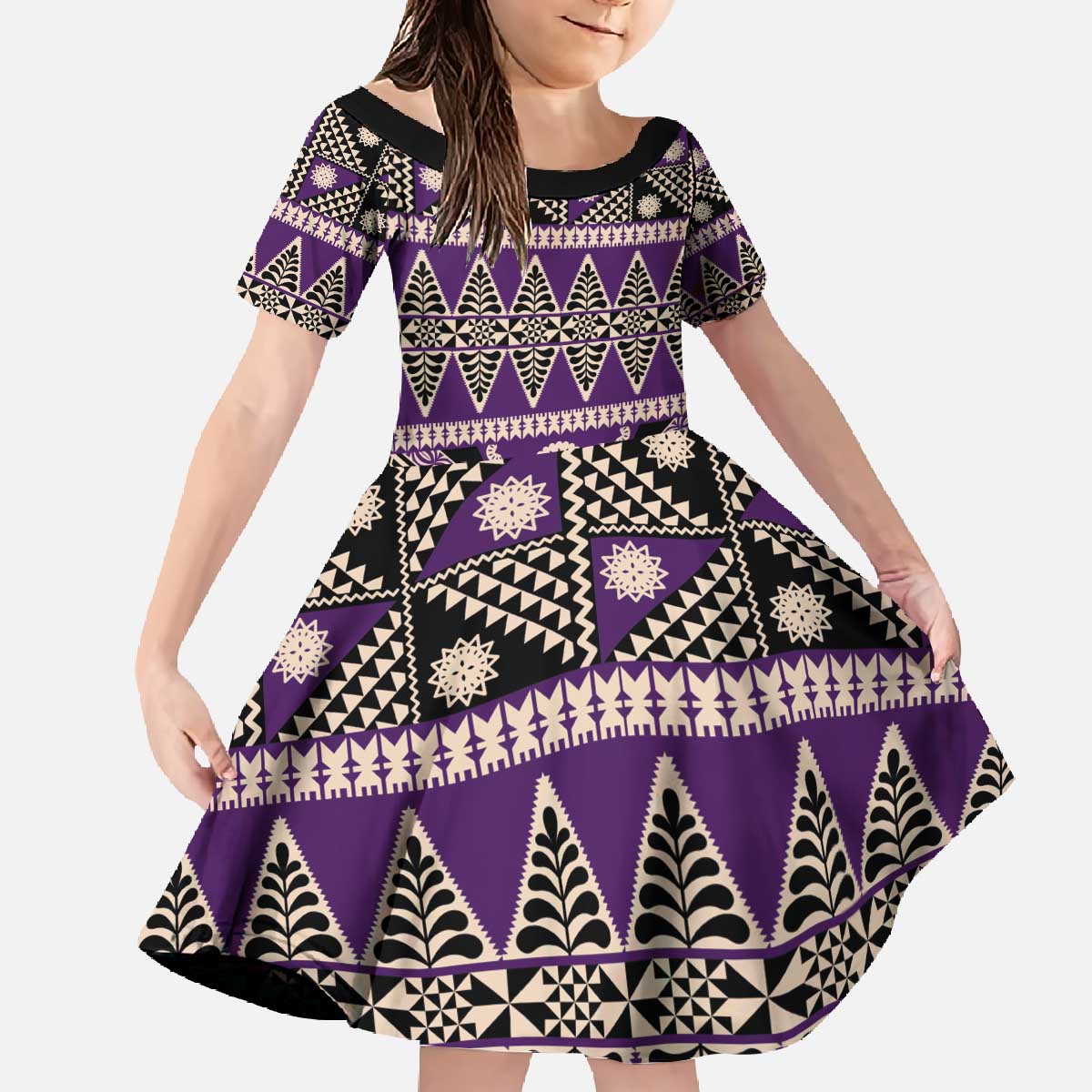 Vintage Bula Fiji Family Matching Off The Shoulder Long Sleeve Dress and Hawaiian Shirt Purple Tapa Masi Motif LT9 Daughter's Dress Purple - Polynesian Pride