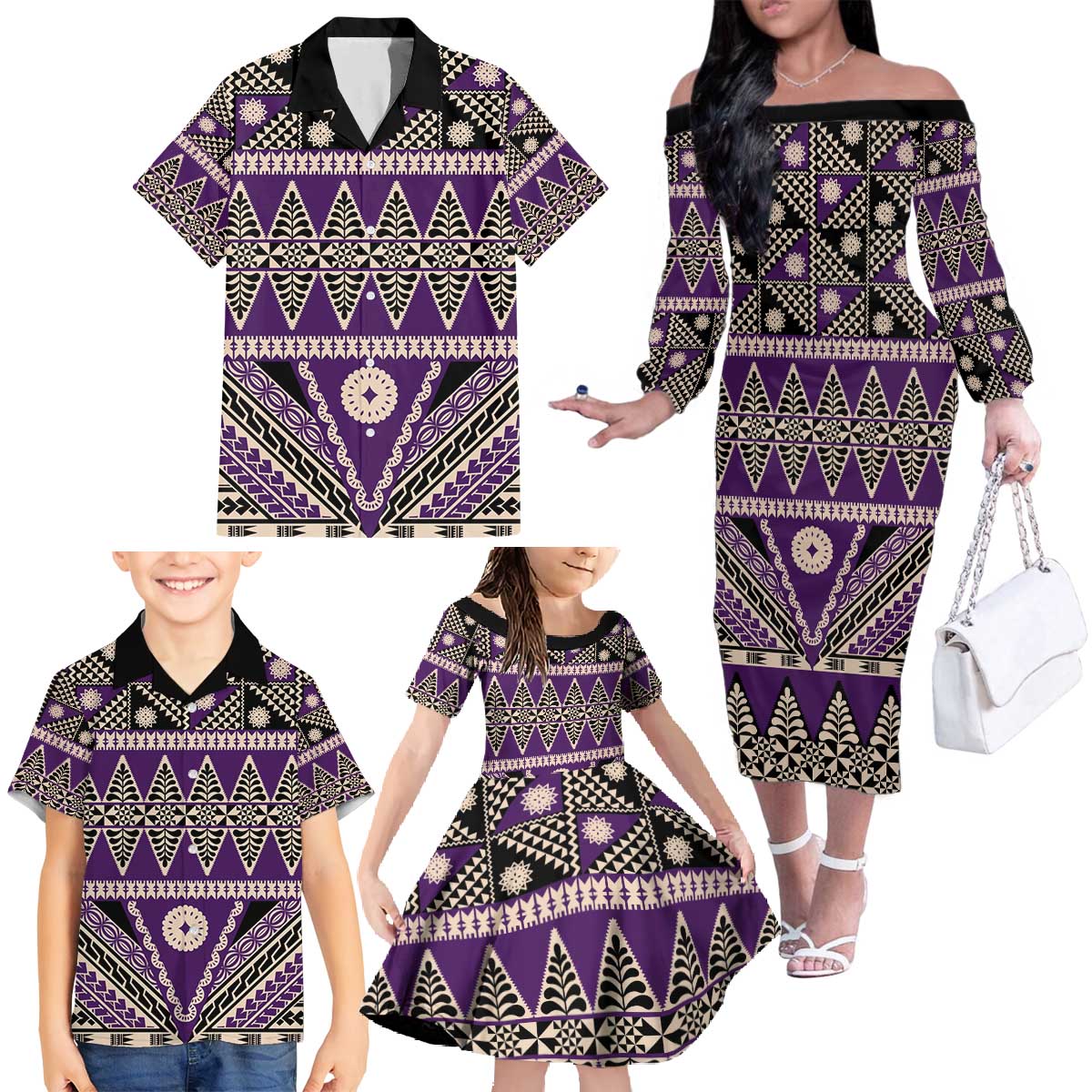 Vintage Bula Fiji Family Matching Off The Shoulder Long Sleeve Dress and Hawaiian Shirt Purple Tapa Masi Motif LT9 - Polynesian Pride