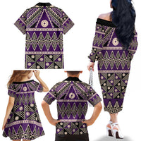 Vintage Bula Fiji Family Matching Off The Shoulder Long Sleeve Dress and Hawaiian Shirt Purple Tapa Masi Motif LT9 - Polynesian Pride