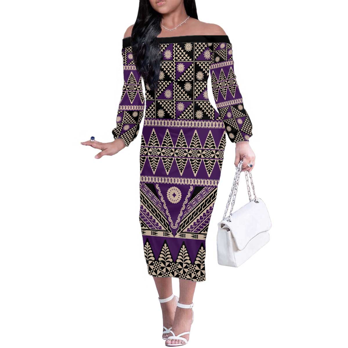 Vintage Bula Fiji Family Matching Off The Shoulder Long Sleeve Dress and Hawaiian Shirt Purple Tapa Masi Motif LT9 Mom's Dress Purple - Polynesian Pride