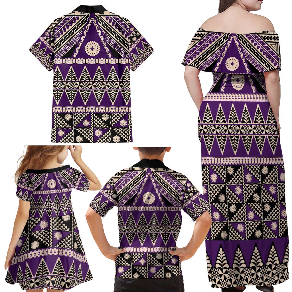 Vintage Bula Fiji Family Matching Off Shoulder Maxi Dress and Hawaiian Shirt Purple Tapa Masi Motif LT9 - Polynesian Pride