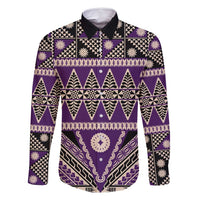 Vintage Bula Fiji Family Matching Off Shoulder Maxi Dress and Hawaiian Shirt Purple Tapa Masi Motif LT9 Dad's Shirt - Long Sleeve Purple - Polynesian Pride