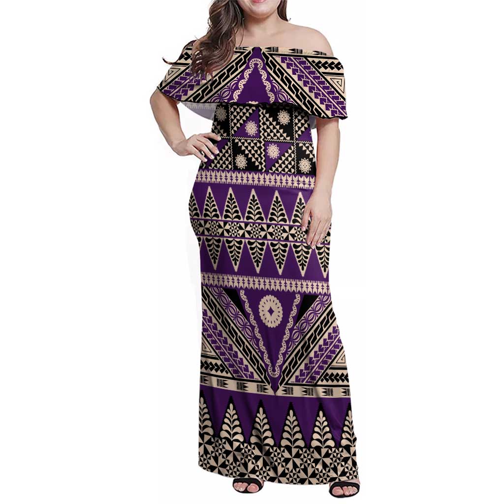 Vintage Bula Fiji Family Matching Off Shoulder Maxi Dress and Hawaiian Shirt Purple Tapa Masi Motif LT9 Mom's Dress Purple - Polynesian Pride