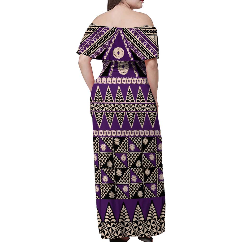 Vintage Bula Fiji Family Matching Off Shoulder Maxi Dress and Hawaiian Shirt Purple Tapa Masi Motif LT9 - Polynesian Pride