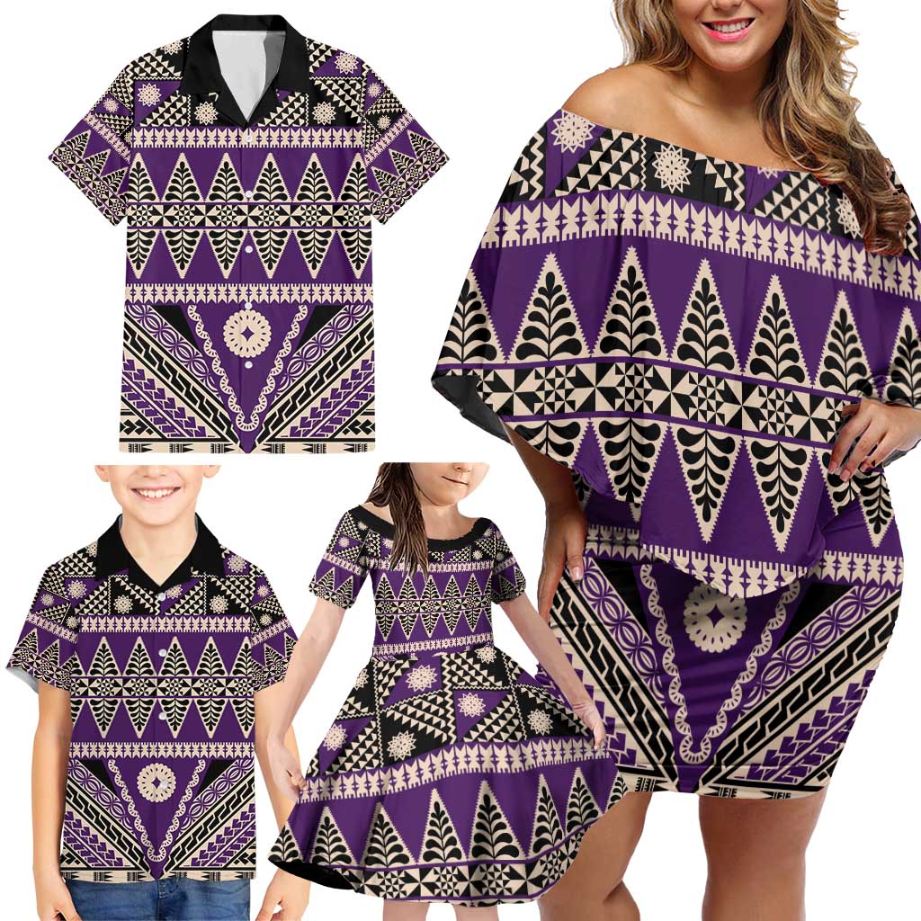 Vintage Bula Fiji Family Matching Off Shoulder Short Dress and Hawaiian Shirt Purple Tapa Masi Motif LT9 - Polynesian Pride