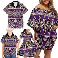 Vintage Bula Fiji Family Matching Off Shoulder Short Dress and Hawaiian Shirt Purple Tapa Masi Motif LT9 - Polynesian Pride