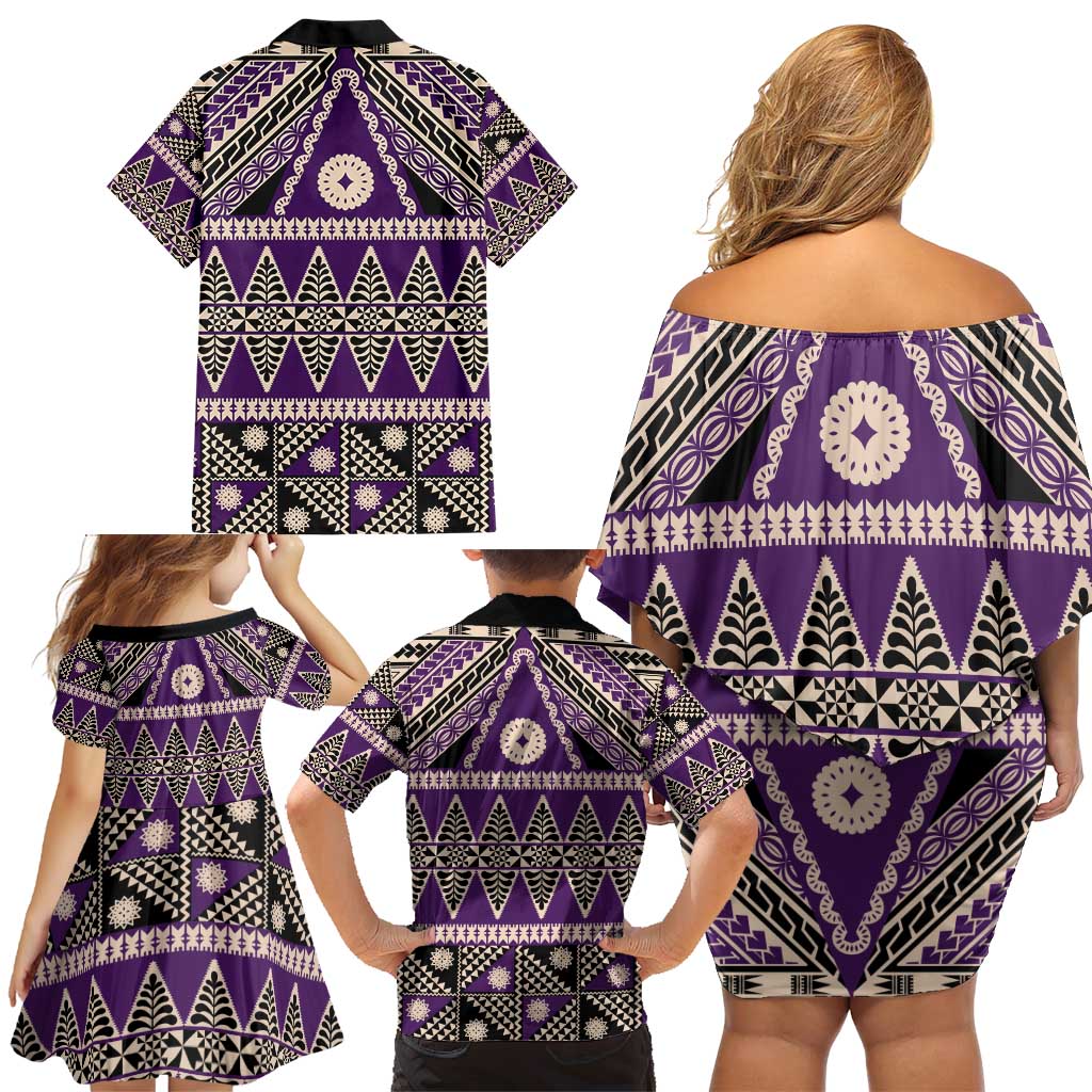 Vintage Bula Fiji Family Matching Off Shoulder Short Dress and Hawaiian Shirt Purple Tapa Masi Motif LT9 - Polynesian Pride