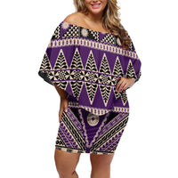 Vintage Bula Fiji Family Matching Off Shoulder Short Dress and Hawaiian Shirt Purple Tapa Masi Motif LT9 Mom's Dress Purple - Polynesian Pride