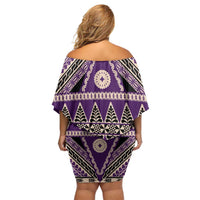 Vintage Bula Fiji Family Matching Off Shoulder Short Dress and Hawaiian Shirt Purple Tapa Masi Motif LT9 - Polynesian Pride