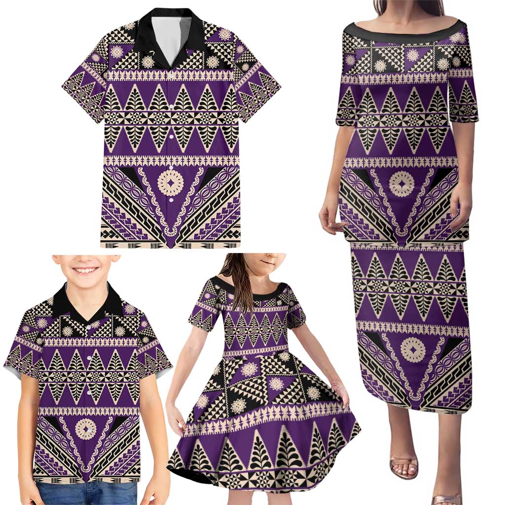 Vintage Bula Fiji Family Matching Puletasi and Hawaiian Shirt Purple Tapa Masi Motif LT9 - Polynesian Pride