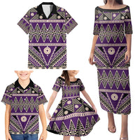 Vintage Bula Fiji Family Matching Puletasi and Hawaiian Shirt Purple Tapa Masi Motif LT9 - Polynesian Pride