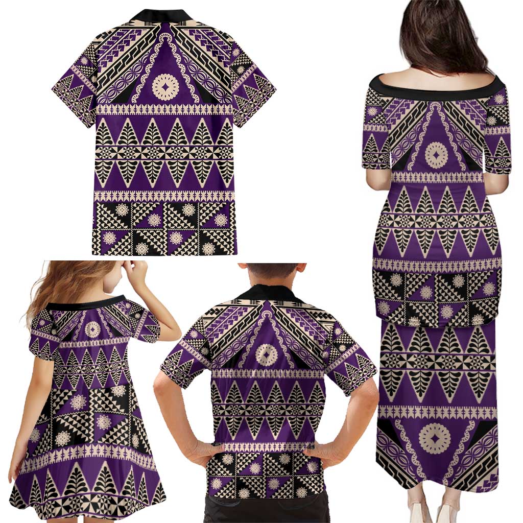 Vintage Bula Fiji Family Matching Puletasi and Hawaiian Shirt Purple Tapa Masi Motif LT9 - Polynesian Pride