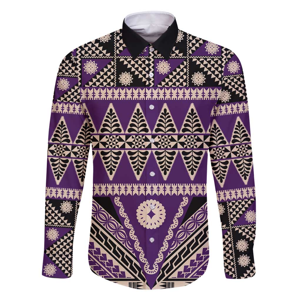 Vintage Bula Fiji Family Matching Puletasi and Hawaiian Shirt Purple Tapa Masi Motif LT9 Dad's Shirt - Long Sleeve Purple - Polynesian Pride