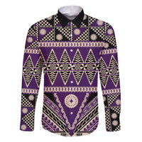 Vintage Bula Fiji Family Matching Puletasi and Hawaiian Shirt Purple Tapa Masi Motif LT9 Dad's Shirt - Long Sleeve Purple - Polynesian Pride