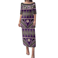 Vintage Bula Fiji Family Matching Puletasi and Hawaiian Shirt Purple Tapa Masi Motif LT9 Mom's Dress Purple - Polynesian Pride