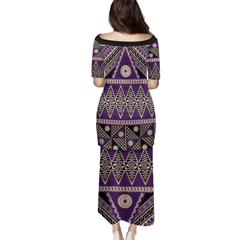 Vintage Bula Fiji Family Matching Puletasi and Hawaiian Shirt Purple Tapa Masi Motif LT9 - Polynesian Pride