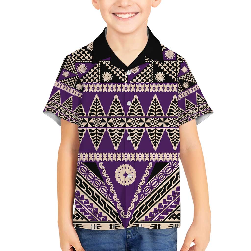 Vintage Bula Fiji Family Matching Puletasi and Hawaiian Shirt Purple Tapa Masi Motif LT9 Son's Shirt Purple - Polynesian Pride