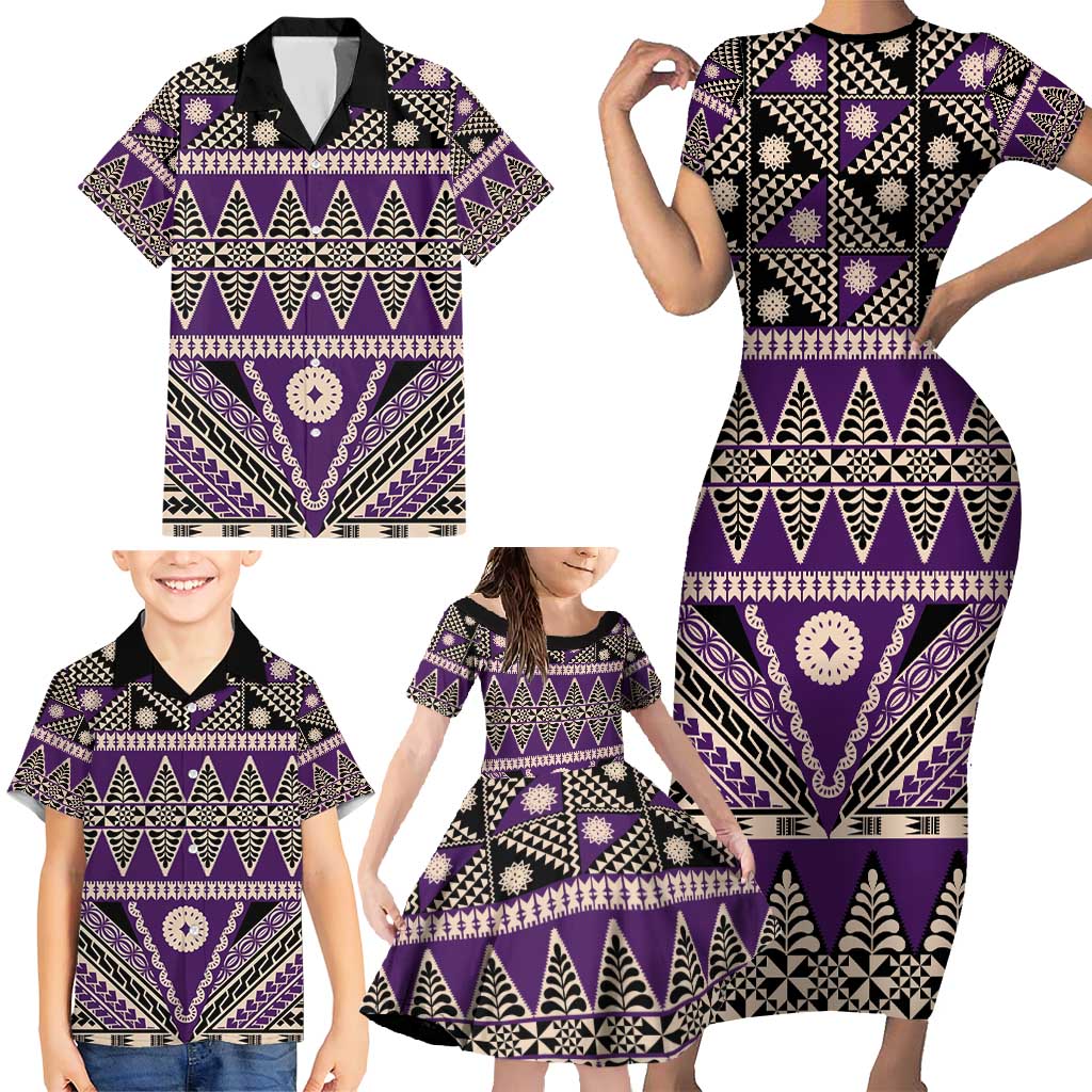 Vintage Bula Fiji Family Matching Short Sleeve Bodycon Dress and Hawaiian Shirt Purple Tapa Masi Motif LT9 - Polynesian Pride
