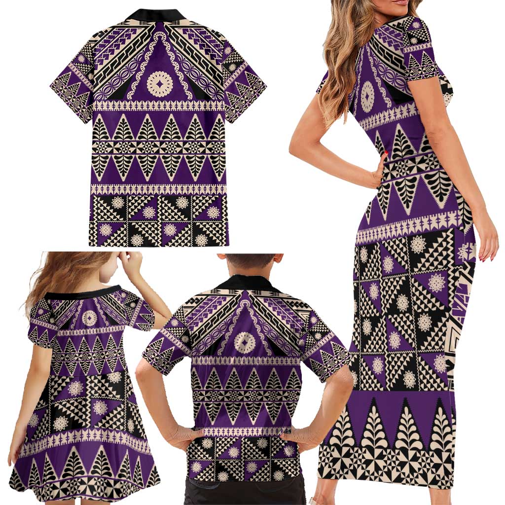 Vintage Bula Fiji Family Matching Short Sleeve Bodycon Dress and Hawaiian Shirt Purple Tapa Masi Motif LT9 - Polynesian Pride