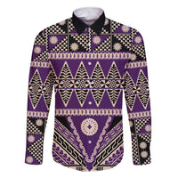 Vintage Bula Fiji Family Matching Short Sleeve Bodycon Dress and Hawaiian Shirt Purple Tapa Masi Motif LT9 Dad's Shirt - Long Sleeve Purple - Polynesian Pride