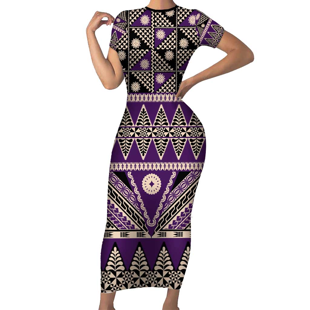 Vintage Bula Fiji Family Matching Short Sleeve Bodycon Dress and Hawaiian Shirt Purple Tapa Masi Motif LT9 Mom's Dress Purple - Polynesian Pride