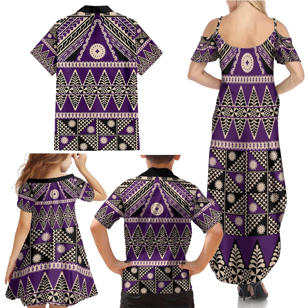 Vintage Bula Fiji Family Matching Summer Maxi Dress and Hawaiian Shirt Purple Tapa Masi Motif LT9 - Polynesian Pride