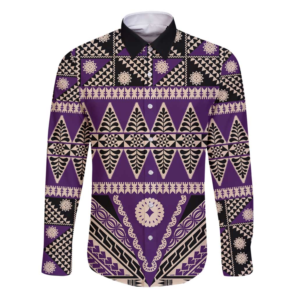 Vintage Bula Fiji Family Matching Summer Maxi Dress and Hawaiian Shirt Purple Tapa Masi Motif LT9 Dad's Shirt - Long Sleeve Purple - Polynesian Pride