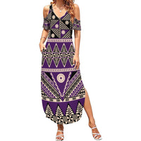 Vintage Bula Fiji Family Matching Summer Maxi Dress and Hawaiian Shirt Purple Tapa Masi Motif LT9 Mom's Dress Purple - Polynesian Pride
