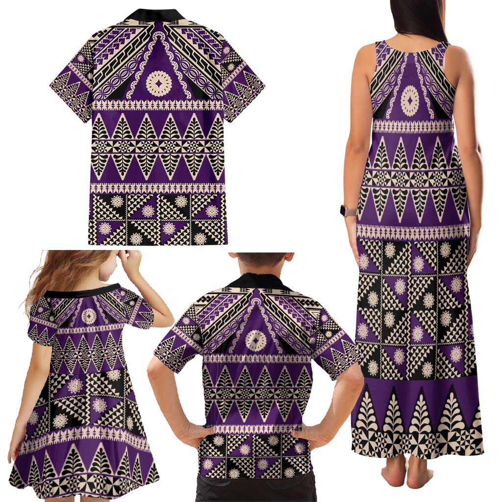 Vintage Bula Fiji Family Matching Tank Maxi Dress and Hawaiian Shirt Purple Tapa Masi Motif LT9 - Polynesian Pride